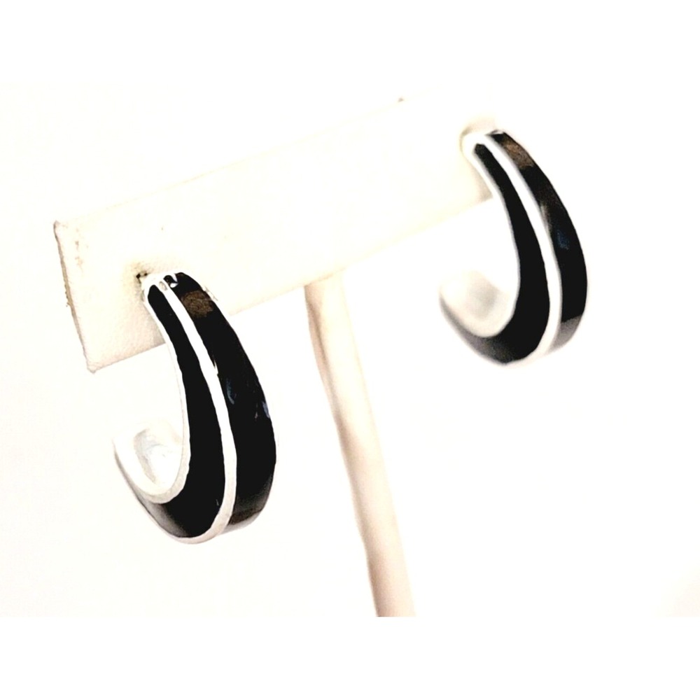 Vintage Black Piercedโ Earrings, Enamel, White Half Hoops Retro Jewelry kp-52